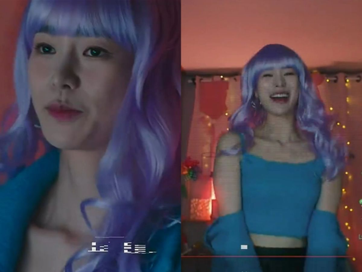 Nữ diễn viên 9x hóa trang gợi cảm, đội tóc giả màu tím, sau đó đóng giả làm một nàng hotgirl đang tương tác trực tiếp trên mạng xã hội