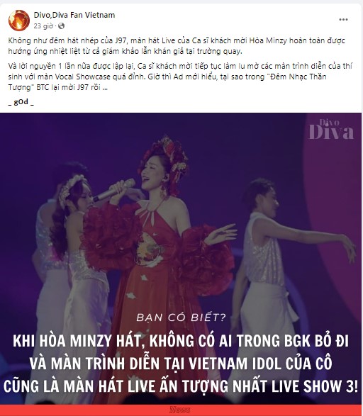 Fanpage Divo,Diva Fan Vietnam đã đăng tải bài viết khen ngợi Hòa Minzy