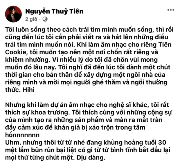 Tiên Cookie mới đăng dòng trạng thái dài trên trang cá nhân