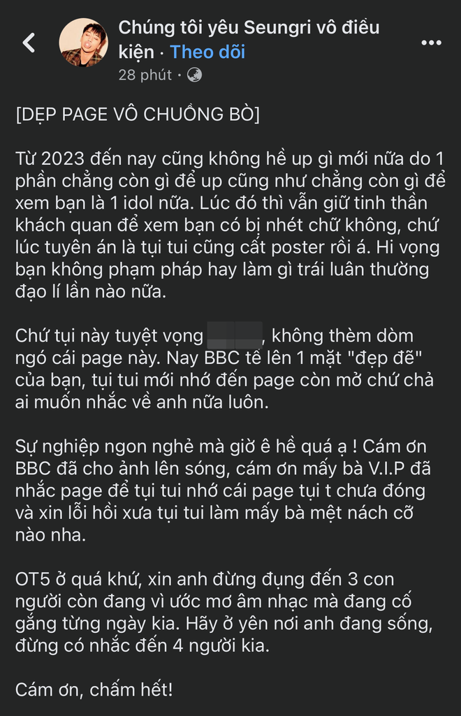 Fanpage lớn của Seungri tại Việt Nam chính thức đóng cửa
