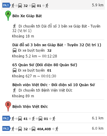 Đi xe buýt từ Bến xe Giáp Bát đến Bệnh viện Việt Đ