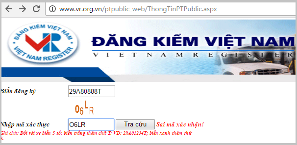 Nhập thông tin về biển số xe, mã xác thực