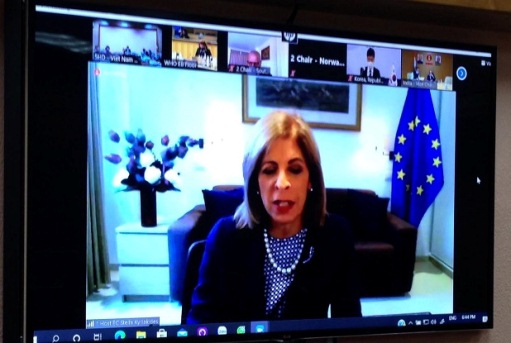 Ủy viên Y tế và An toàn thực phẩm Ủy ban châu Âu (EC) Stella Kyriakides phát biểu tại cuộc họp