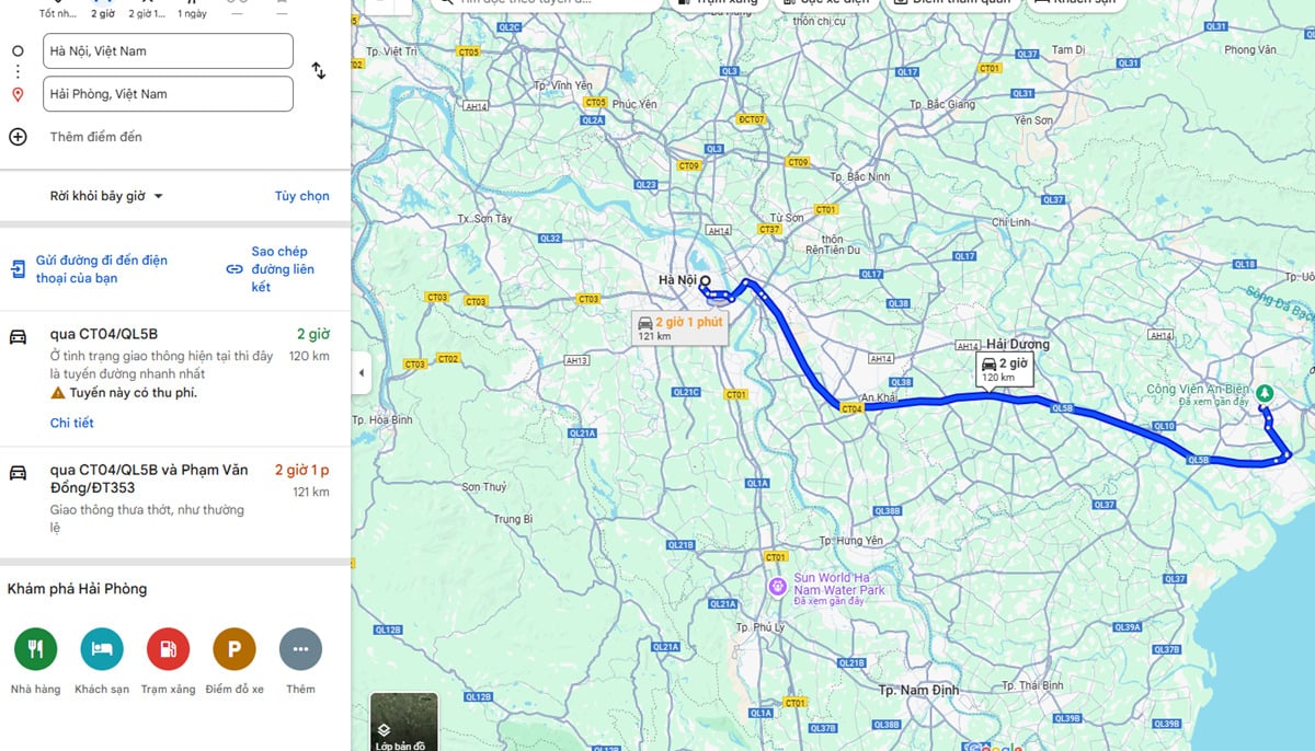 Khoảng cách từ Hà Nội đến Hải Phòng hiển thị trên Google Maps