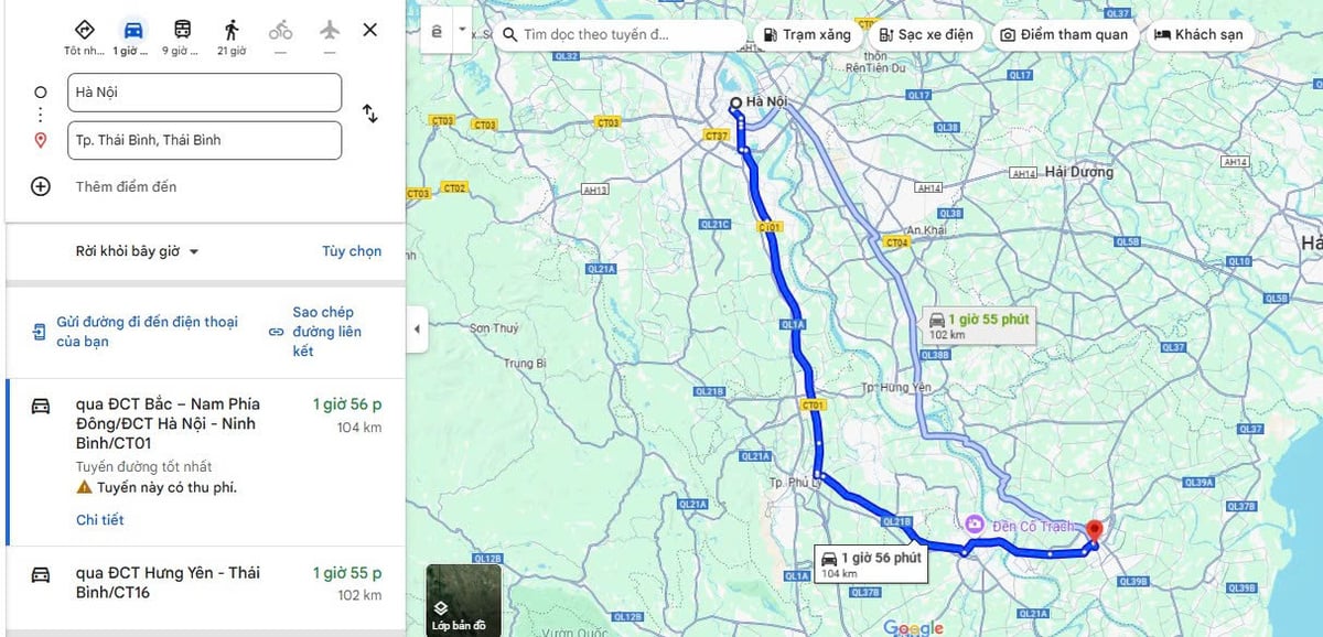 Khoảng cách từ Hà Nội đến Thái Bình theo Google Maps