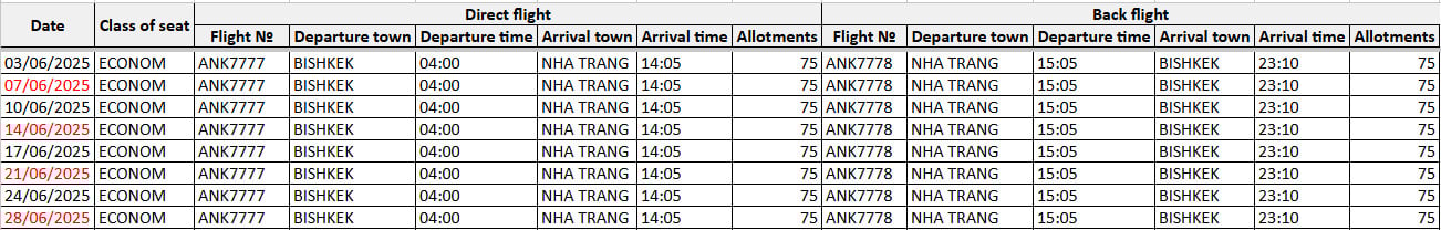 Lịch bay khứ hồi (charter) từ Bishkek - Nha Trang tháng 06/2025 - ảnh 1