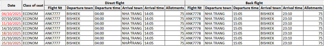 Lịch bay khứ hồi (charter) từ Bishkek - Nha Trang tháng 10/2025 - ảnh 1