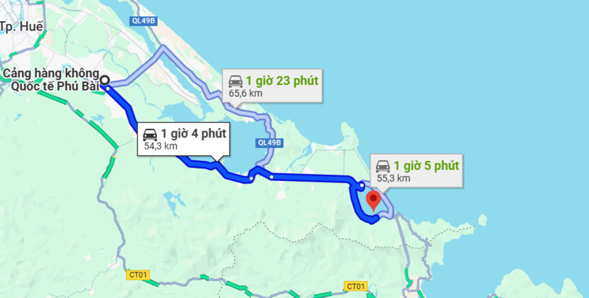 Khoảng cách từ sân bay Phú Bài về Lăng Cô (Nguồn: Ảnh chụp màn hình Google Maps)