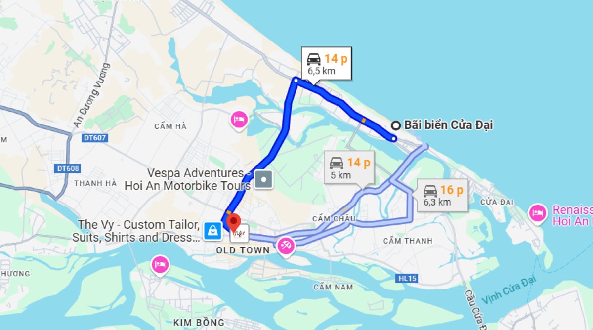 Biển Cửa Đai cách Hội An khoảng 6.5 km (Nguồn: Ảnh chụp màn hình Google Maps)