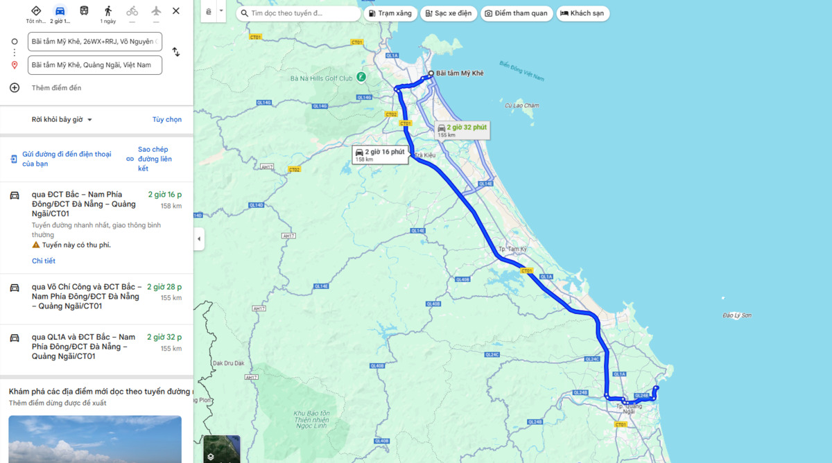 Ảnh chụp màn hình Google Maps về khoảng cách giữa biển Mỹ Khê của Đà Nẵng và Quảng Ngãi.