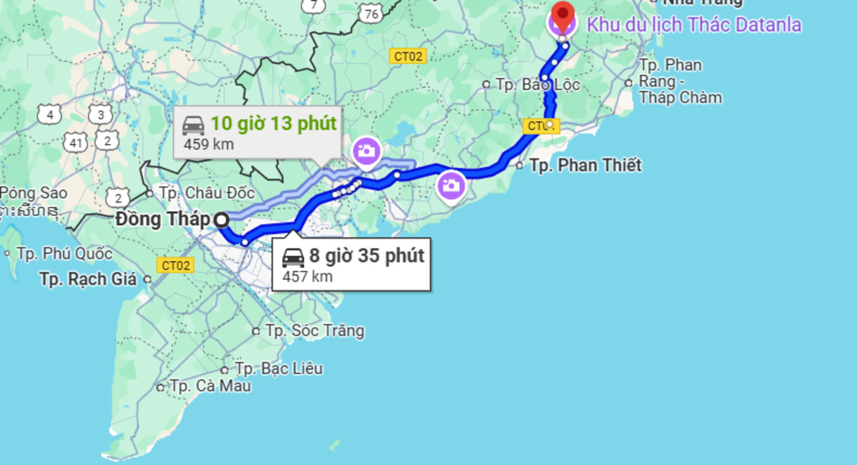 Khoảng cách từ Đồng Tháp đến Đà lạt là 457 km (Nguồn: Ảnh chụp màn hình Google Masp)