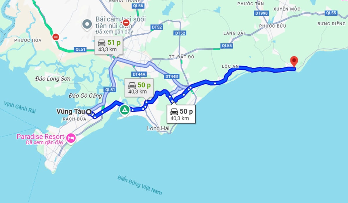 Khoảng cách từ Vũng Tàu đến Hồ Tràm là khoảng 40,3 km (Ảnh: Chụp màn hình Google Maps)