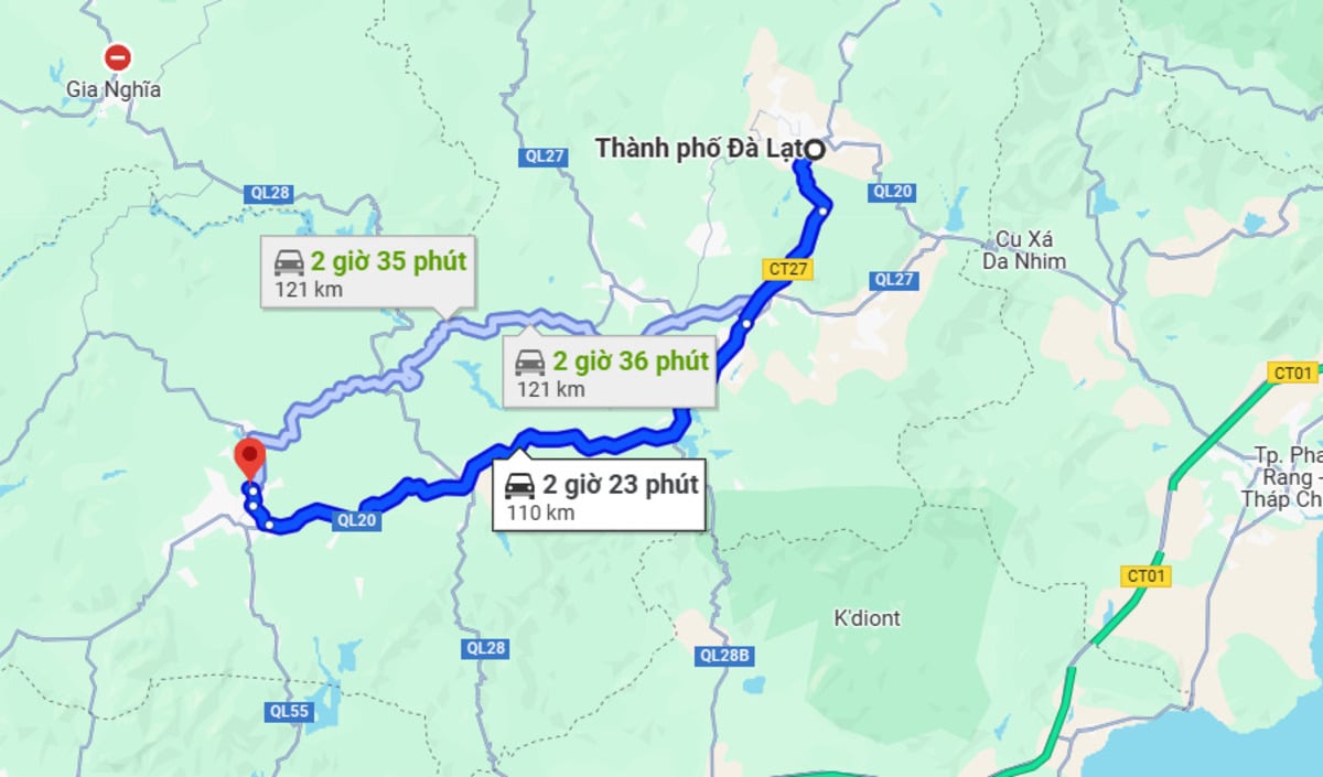 Khoảng cách từ Đà Lạt đến Bảo Lộc dao động là 110 km (Ảnh: Chụp màn hình Google Maps)
