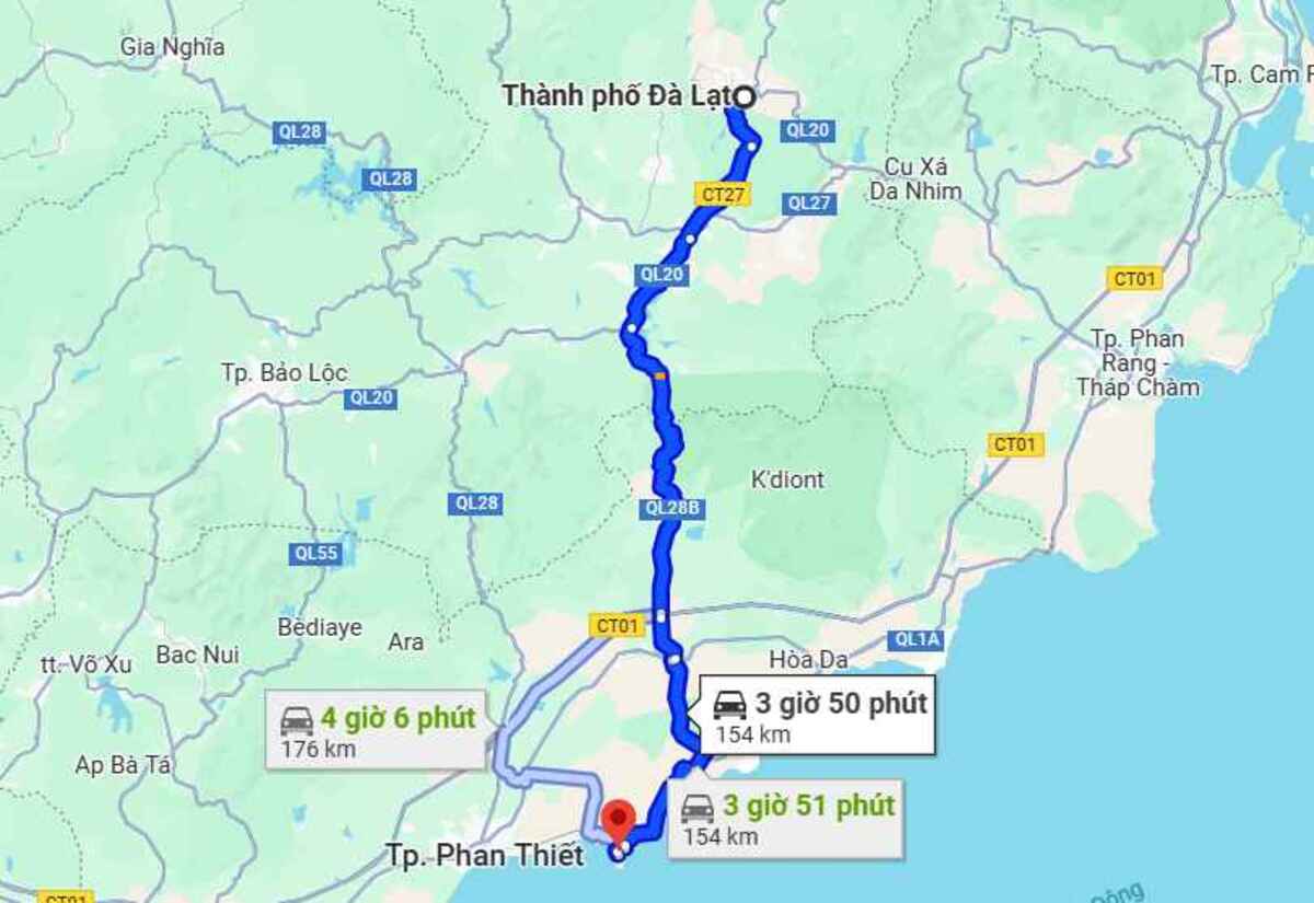 Khoảng cách di chuyển từ Đà Lạt đi Mũi Né là 154 km (Ảnh: Chụp màn hình Google Maps)