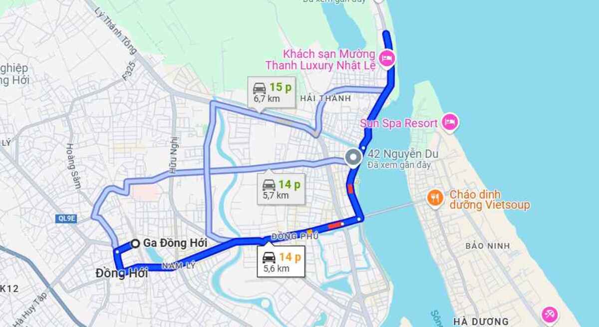 Khoảng cách từ ga Đồng Hới đến biển Nhật Lệ vào là gần 5,6 km (Ảnh: Chụp màn hình Google Maps)