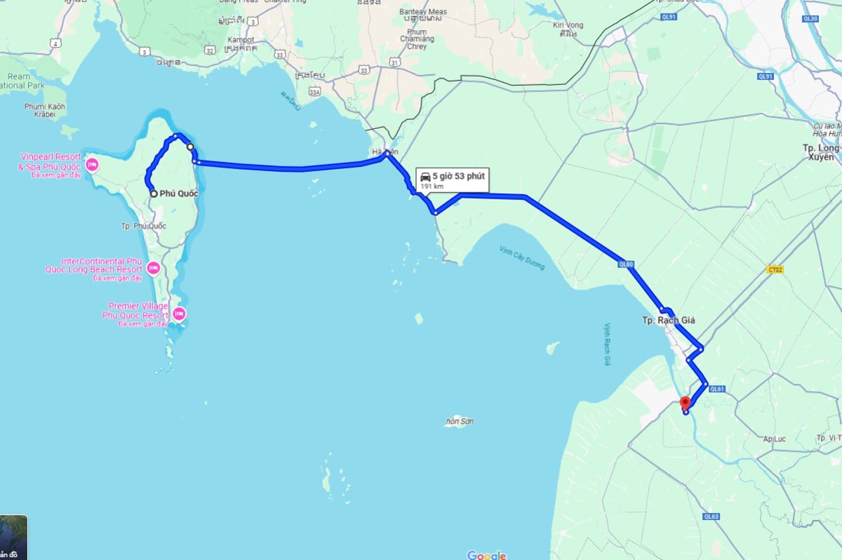Ảnh chụp màn hình Google Maps về Phú Quốc đến Hà Tiên và Rạch Giá, Kiên Giang. (Ảnh: Internet)