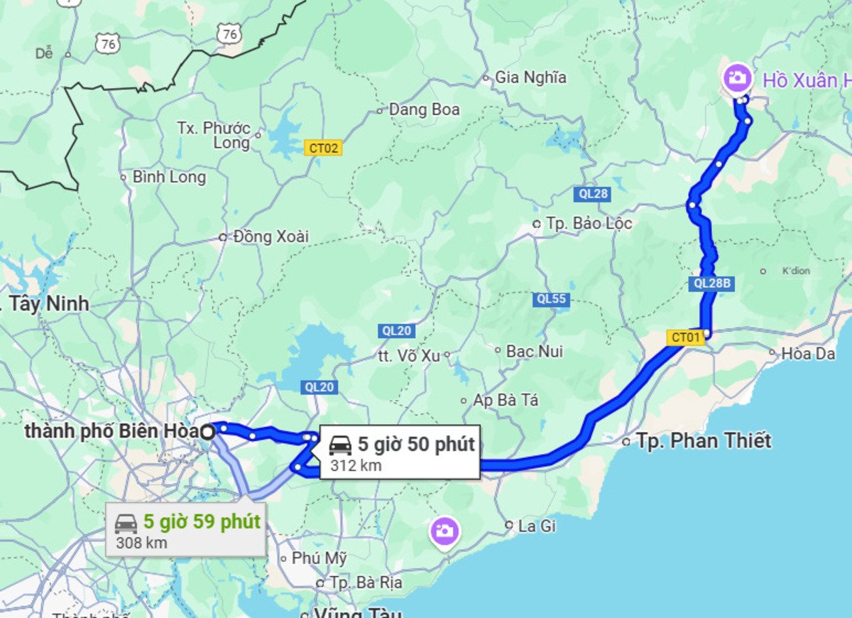 Khoảng cách từ Biên Hòa đi Đà Lạt 308 km (Ảnh: Chụp màn hình Google Maps)