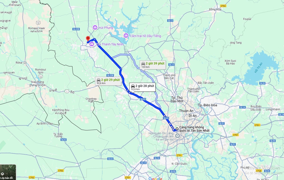 Ảnh chụp màn hình Google Maps từ sân bay Tân Sơn Nhất đến Tây Ninh