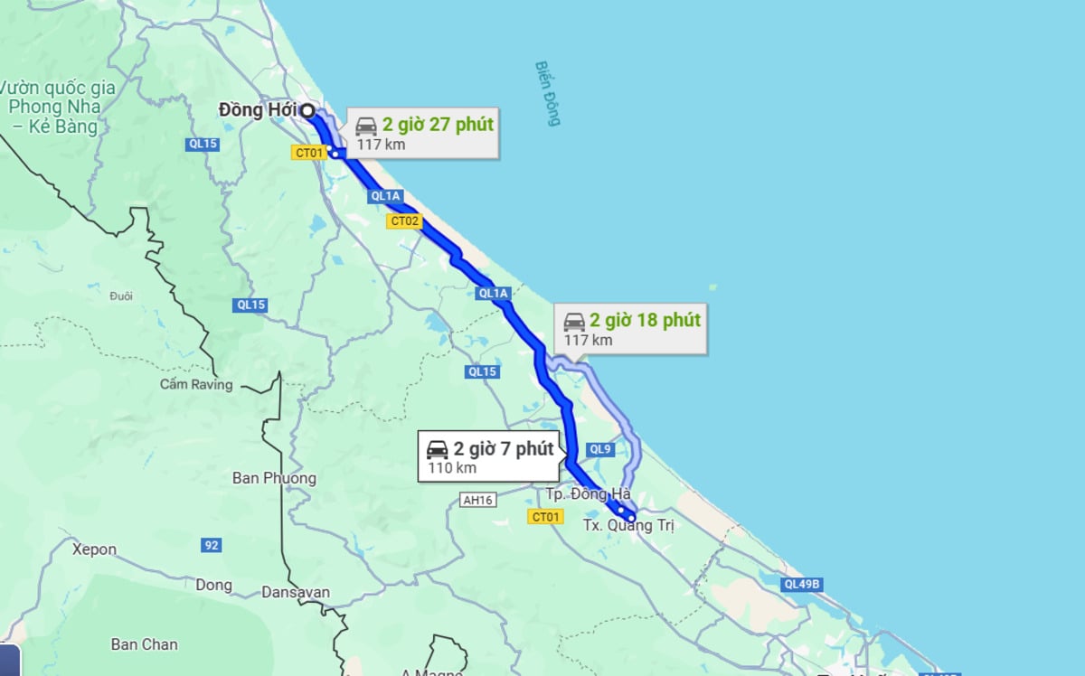 Khoảng cách từ Đồng Hới đi thành Cổ Quảng Trị là 110 km (Ảnh: Chụp màn hình Google Maps)