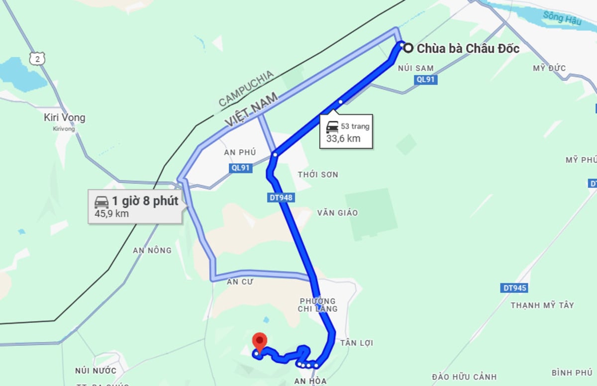 Từ chùa Bà Châu Đốc đi Núi Cấm khoảng 34 km (Ảnh: Chụp màn hình Google Maps)