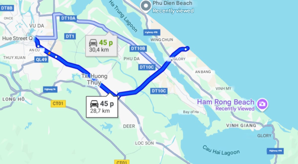Hướng dẫn di chuyển đến biển Vinh Thanh Huế (Ảnh: Chụp màn hình Google Maps)