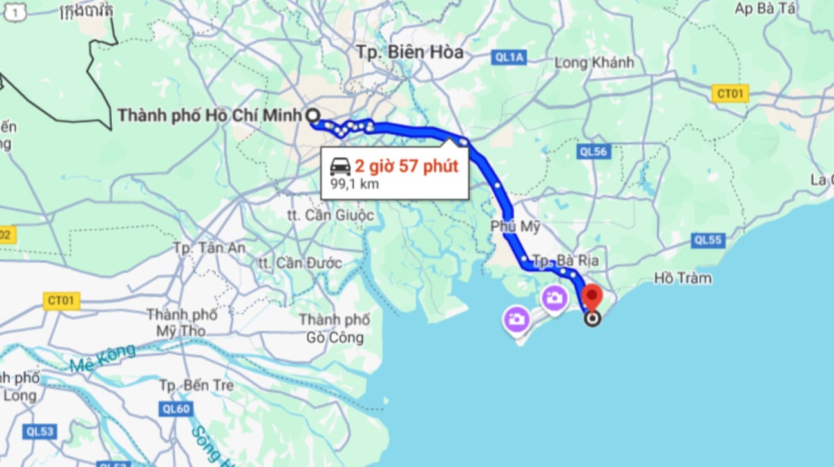 Từ Sài Gòn (TP.HCM) đi Long Hải (thuộc huyện Long Điền, Bà Rịa – Vũng Tàu) khoảng 100 km (Ảnh: Chụp màn hình Google Maps)