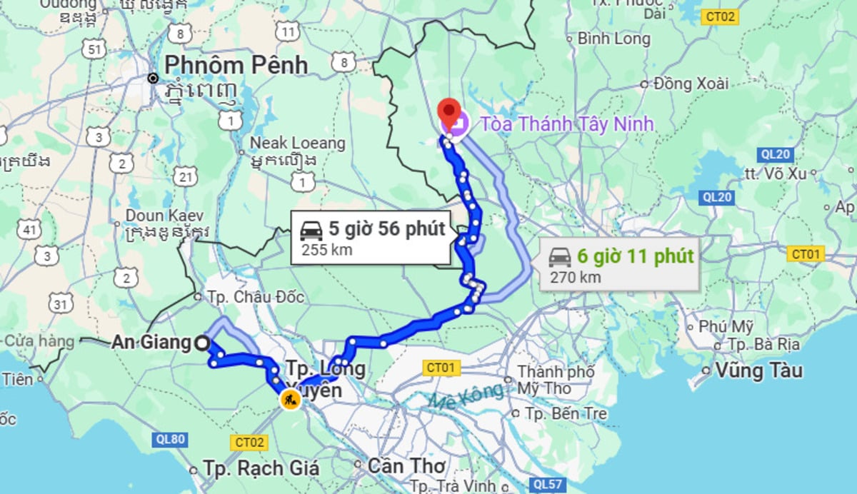 Khoảng cách từ An Giang đi Tây Ninh là 255 km (Ảnh: Chụp màn hình Google Maps)