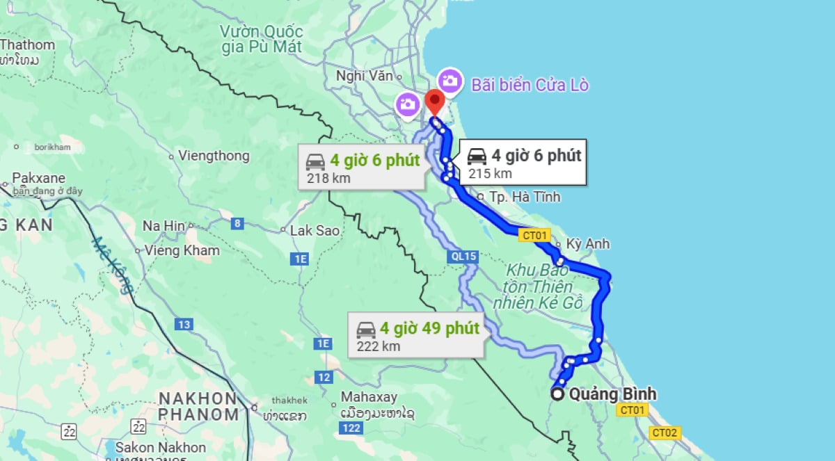 Quãng đường từ Quảng Bình đến Nghệ An là khoảng 215 km (Ảnh: Chụp màn hình Google Maps)
