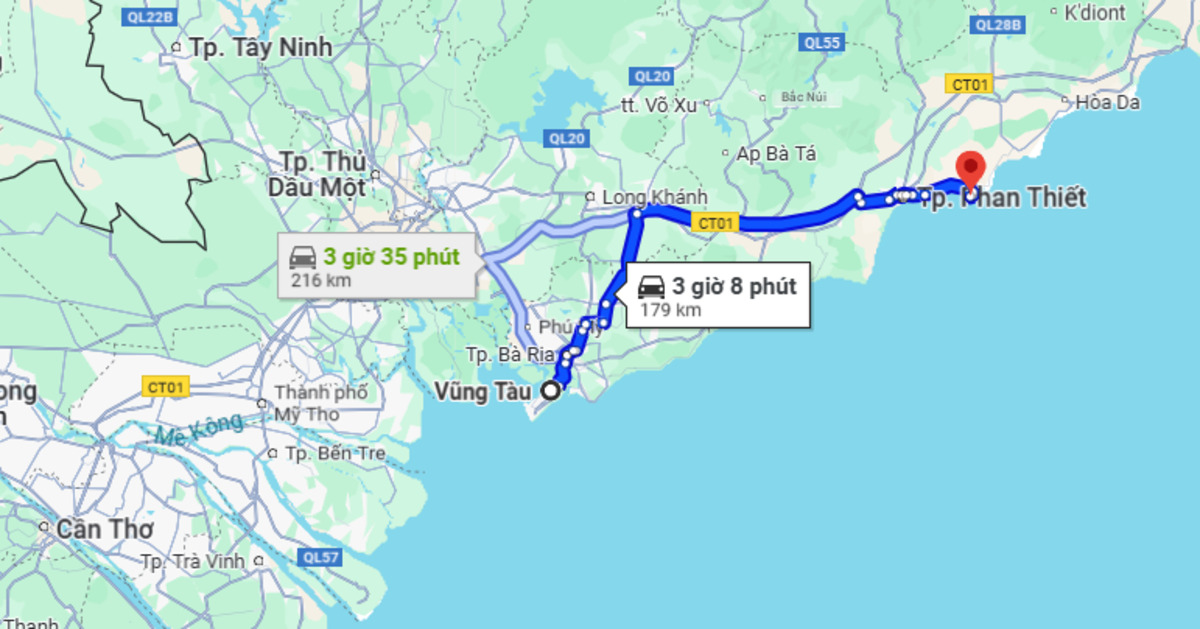 Khoảng cách từ Vũng Tàu đi Mũi Né là 179 km (Ảnh: Chụp màn hình Google Maps)