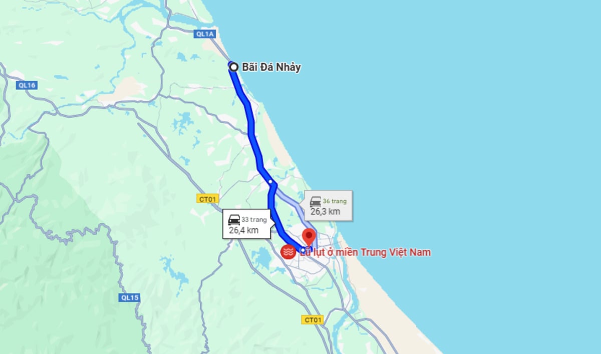 Từ trung tâm thành phố Đồng Hới đến Bãi Đá Nhảy chỉ khoảng 26 km (Ảnh: Chụp màn hình Google Maps)