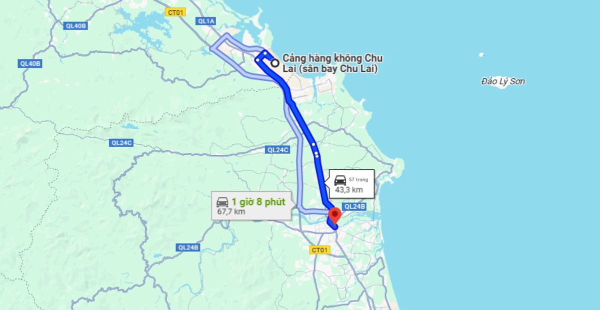 Từ sân bay Chu Lai về Quảng Ngãi khoảng 43,3 km (Ảnh: Chụp màn hình Google Maps)