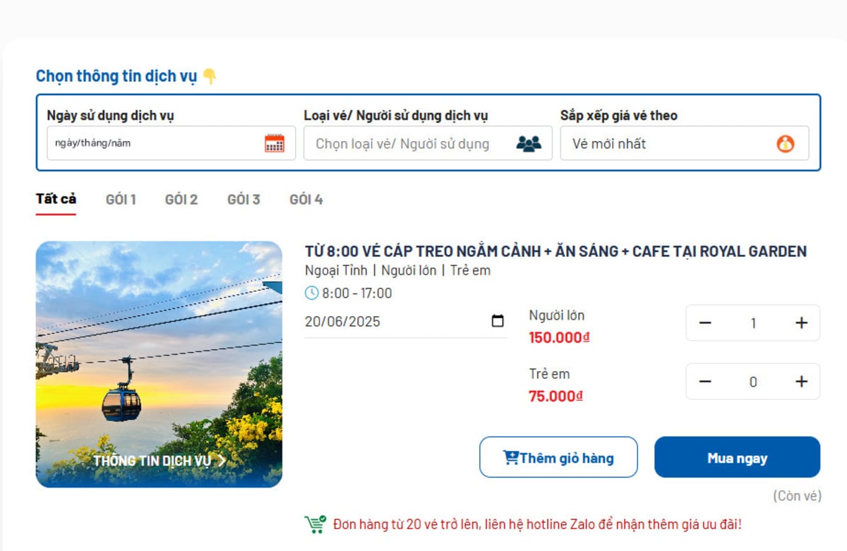 Mua vé online trên trang web Hồ Mây Park (Ảnh: Chụp màn hình website Hồ Mây Park Vũng Tàu)