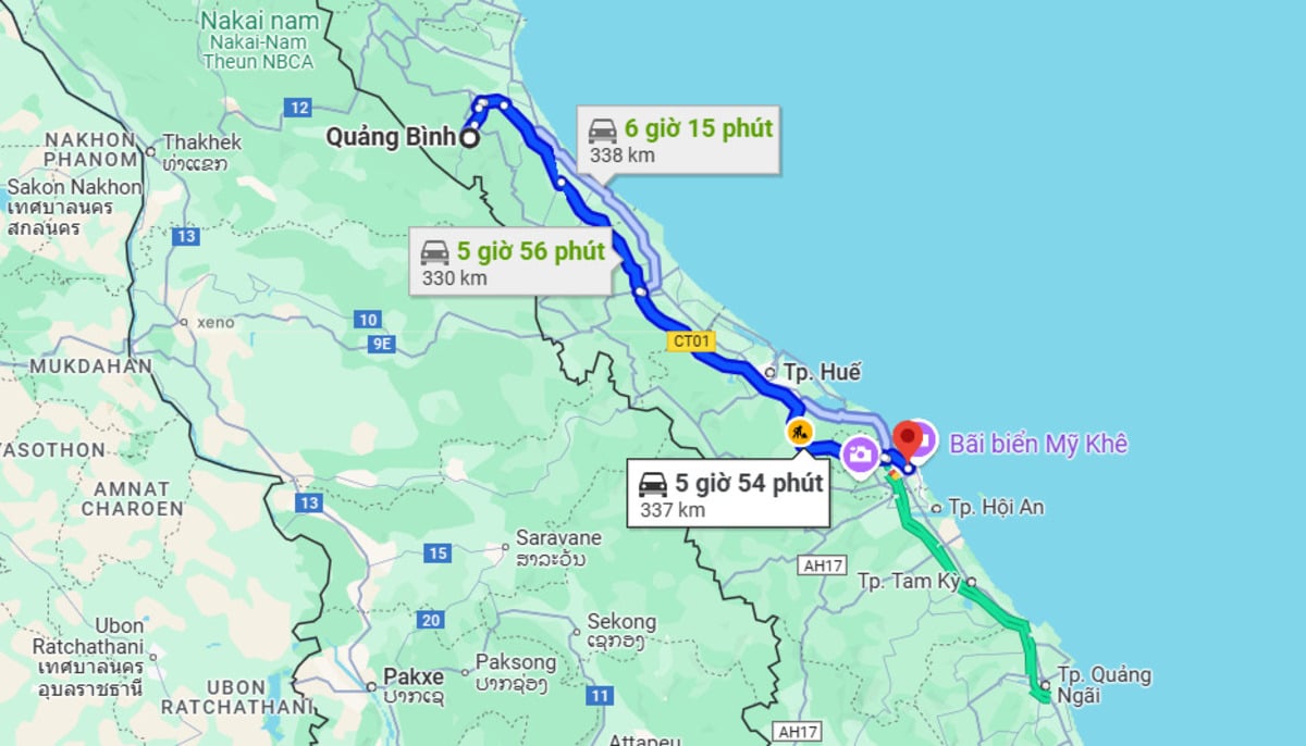 Khoảng cách từ Quảng Bình đến Đà Nẵng là 330 km (Ảnh: Chụp màn hình Google Maps)