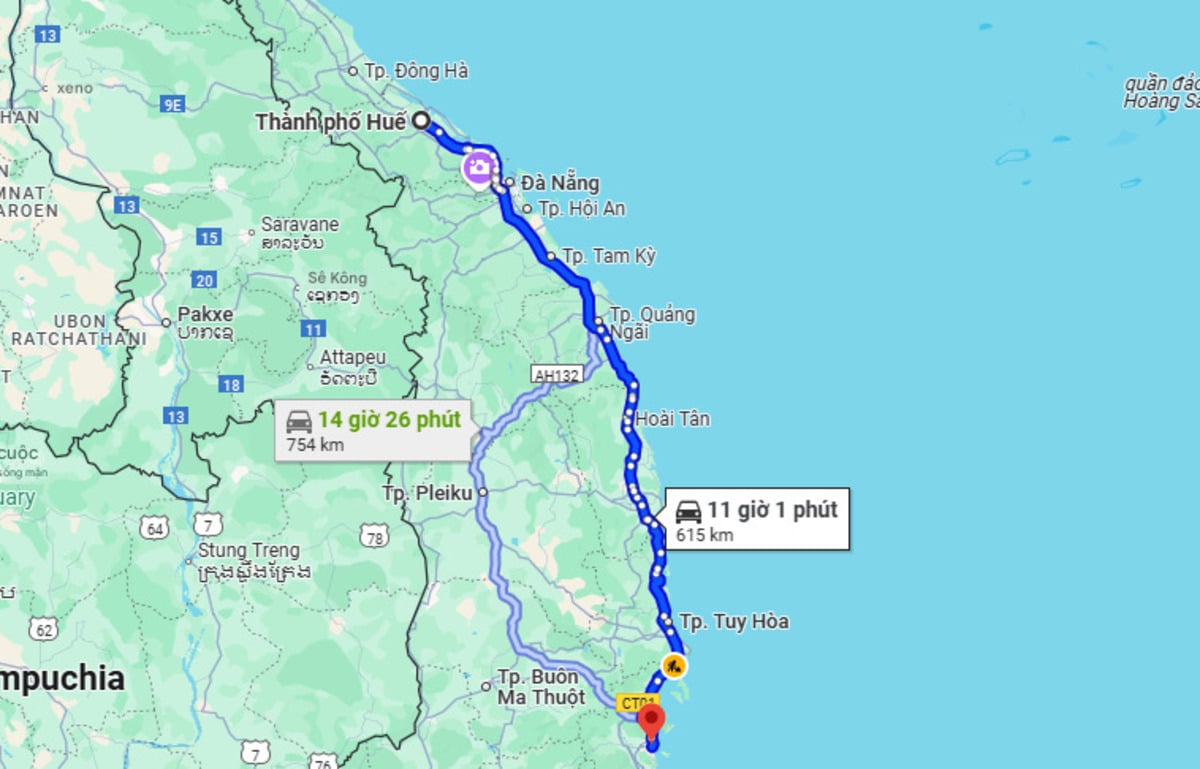 Khoảng cách từ Huế đến Nha Trang là 615 km (Ảnh: Chụp màn hình Google Maps)