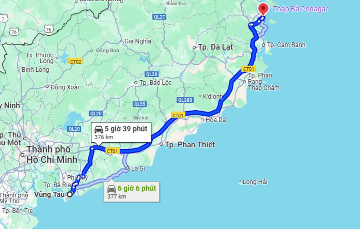 Từ Vũng Tàu đến Nha Trang có khoảng cách khoảng 376 km (Ảnh: Chụp màn hình Google Maps)