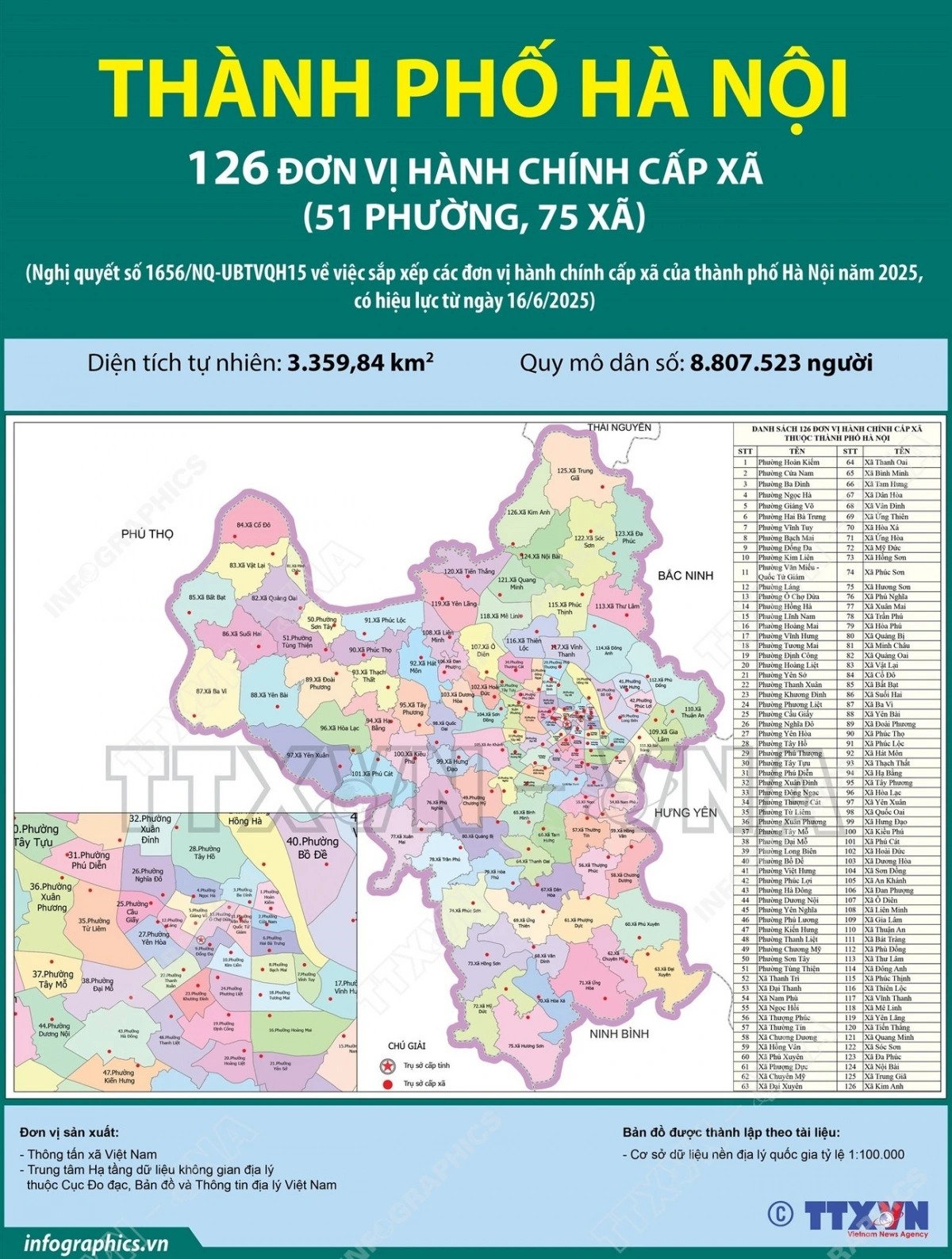 Bản đồ 126 xã phường Hà Nội (Ảnh: TTXVN)