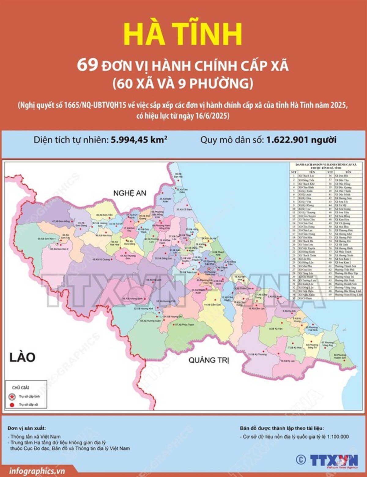 Bản đồ hành chính mới của tỉnh Hà Tĩnh (Ảnh: TTXVN)