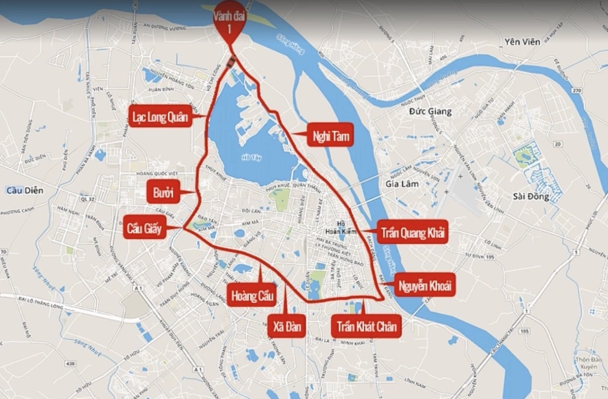 Bản đồ vành đai 1 Hà Nội (Nguồn: Internet)