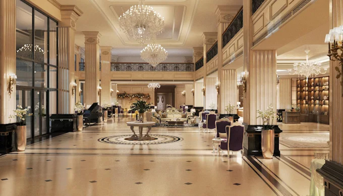 Sảnh khách sạn được thiết kế sang trọng, lộng lẫy (Ảnh: MerPerle Dalat Hotel)