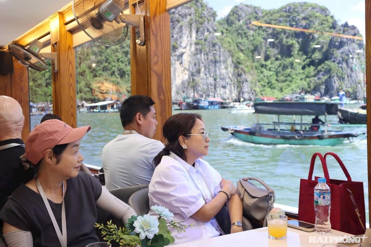 Bà Amy Chien, giáo viên âm nhạc, lịch sử Đại học Đài Bắc (áo trắng) ấn tượng bởi trải nghiệm ngồi du thuyền ngắm cảnh vịnh (Ảnh: Báo Hải Phòng)