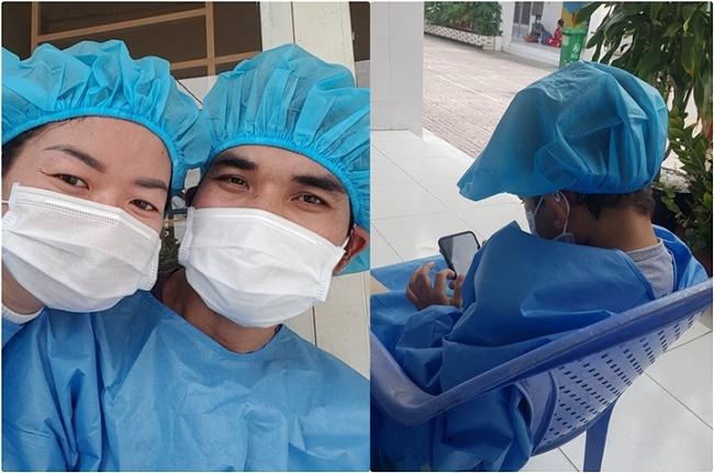 Hình ảnh gia đình chị Mỹ Tuyên khi còn điều trị tại Bệnh viện dã chiến.