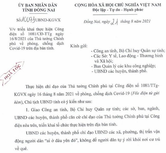 Văn bản hỏa tốc của UBND tỉnh về việc triển khai thực hiện Công điện của TTCP về phòng, chống dịch COVID - 19 trên địa bàn tỉnh. Ảnh: Văn Hội.