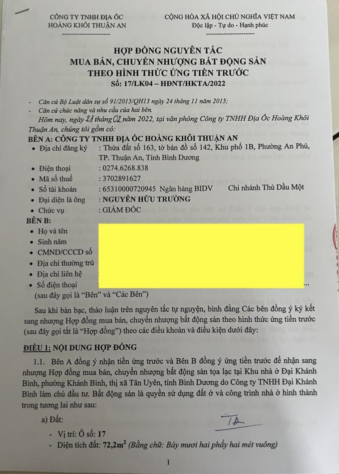 Hoàng Khôi Group móc túi khách hàng thông qua“hợp đồng nguyên tắc mua bán, chuyển nhượng bất động sản theo hình thức ứng tiền trước”.