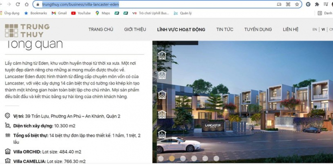 Trên website của Tập đoàn Trung Thủy, dự án Lancaster Eden được giới thiệu có 14 căn biệt thự.