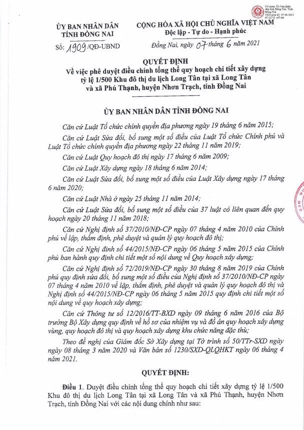 Quyết định phê duyệt điều chỉnh tổng thể quy hoạch chi tiết 1/500 dự án Khu đô thị du lịch Long Tân. Nguồn: UBND tỉnh Đồng Nai