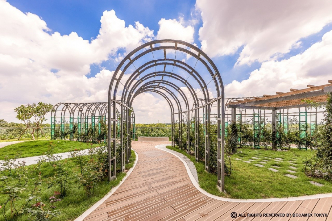 Cổng hoa hồng trong khuôn viên SORA gardens II cùng đường đi bộ rộng rãi.