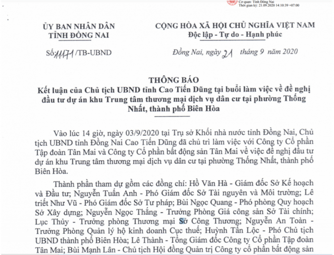 UBND tỉnh Đồng Nai đề nghị Tân Mai có văn bản báo cáo khó khăn, vướng mắc tại dự án ở Thành phố Biên Hòa để làm cơ sở trình Thủ tướng xem xét