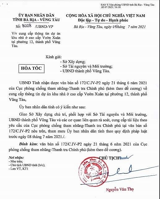 Công văn của UBND tỉnh Bà Rịa – Vũng Tàu gởi đến Sở Xây dựng, Sở Tài nguyên&Môi trường và UBND thành phố Vũng Tàu