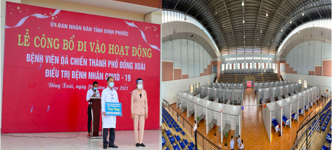 Chủ tịch Hội Nữ doanh nhân tỉnh Giang Thị Lan Thu (bìa phải của ảnh bên trái) trao 1.000 bộ đồ bảo hộ y tế và 30.000 khẩu trang cho Bệnh viện dã chiến TP Đồng Xoài