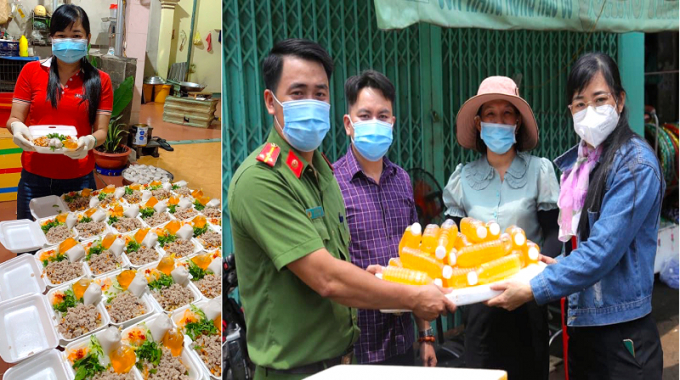 Hội viên Bùi Thị Thu Phương - Chi hội Nữ doanh nhân huyện biên giới Lộc Ninh (hình trái) tham gia nấu những suất ăn miễn phí để gửi tặng các chốt kiểm dịch và các khu cách ly - phong tỏa